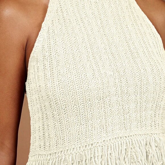 White Casual Women's Vacation Fringe Hem Halter Neck Knit Top - Picture 7 of 9